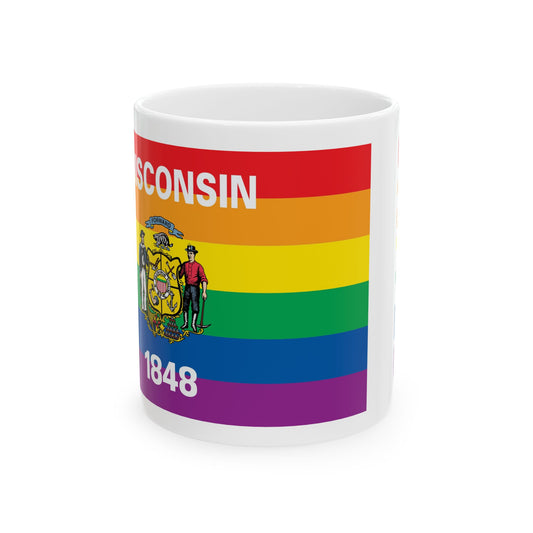 Wisconsin Rainbow Pride Flag "UNITED" Ceramic Mug