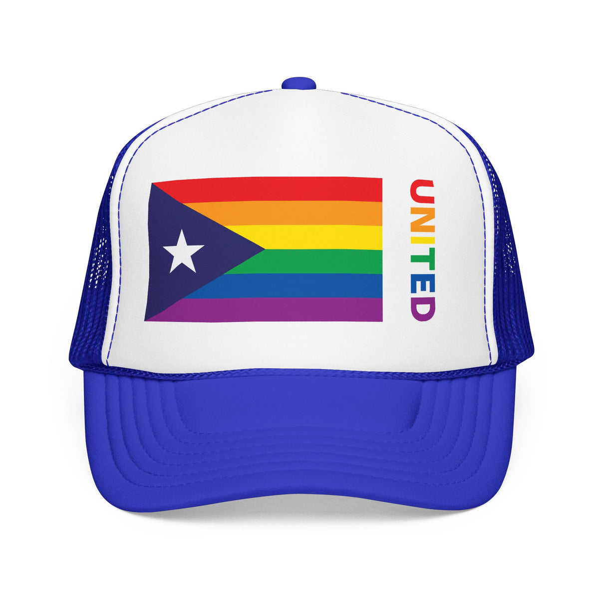 Puerto Rico Rainbow Pride Flag "UNITED" Printed Foam Trucker Hat, Several Color Options