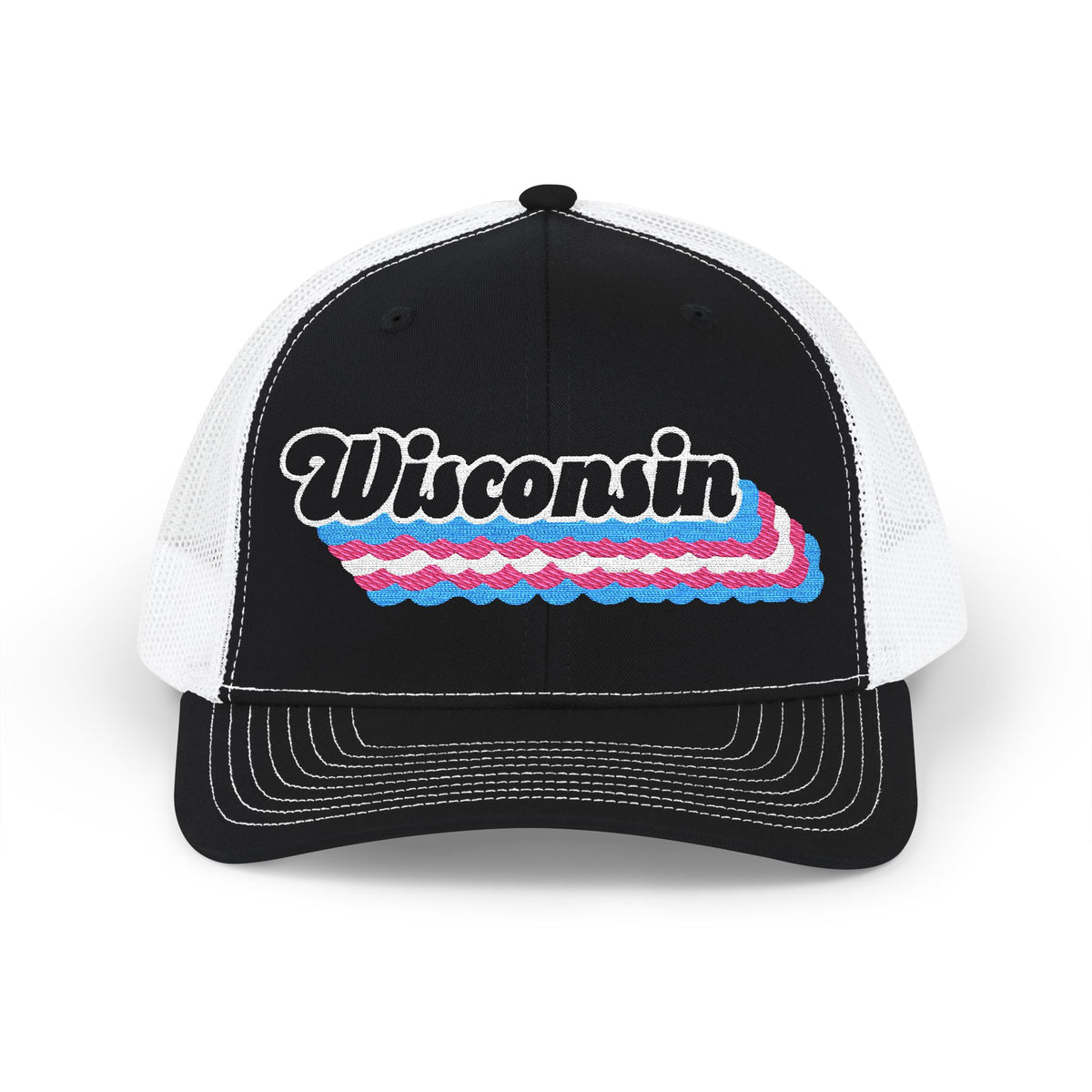 Wisconsin Transgender Pride Stack Embroidered Trucker, Snapback Trucker Cap, Black front with White mesh in back
