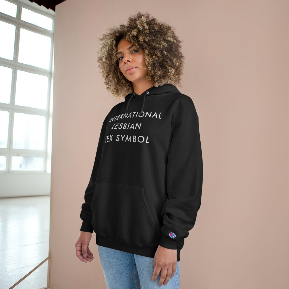 International Lesbian Sex Symbol Hoodie (Champion®) - Black and Charcoal Heather with White Deco