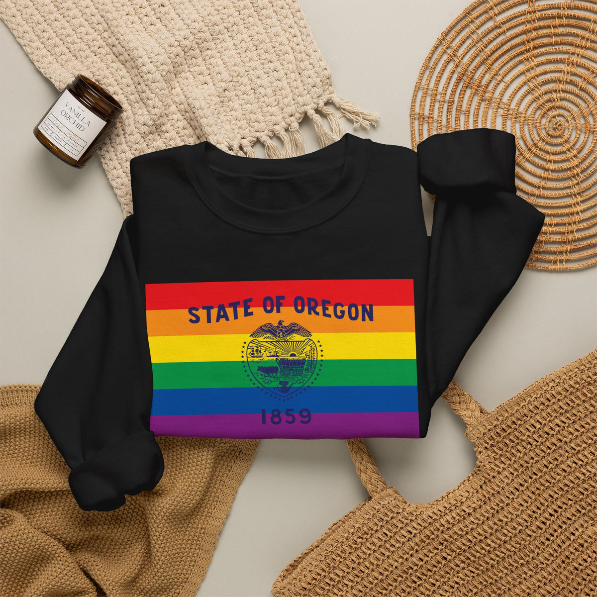 Oregon Rainbow Pride Flag Unisex Crewneck Sweatshirt, White, Black or Light Pink