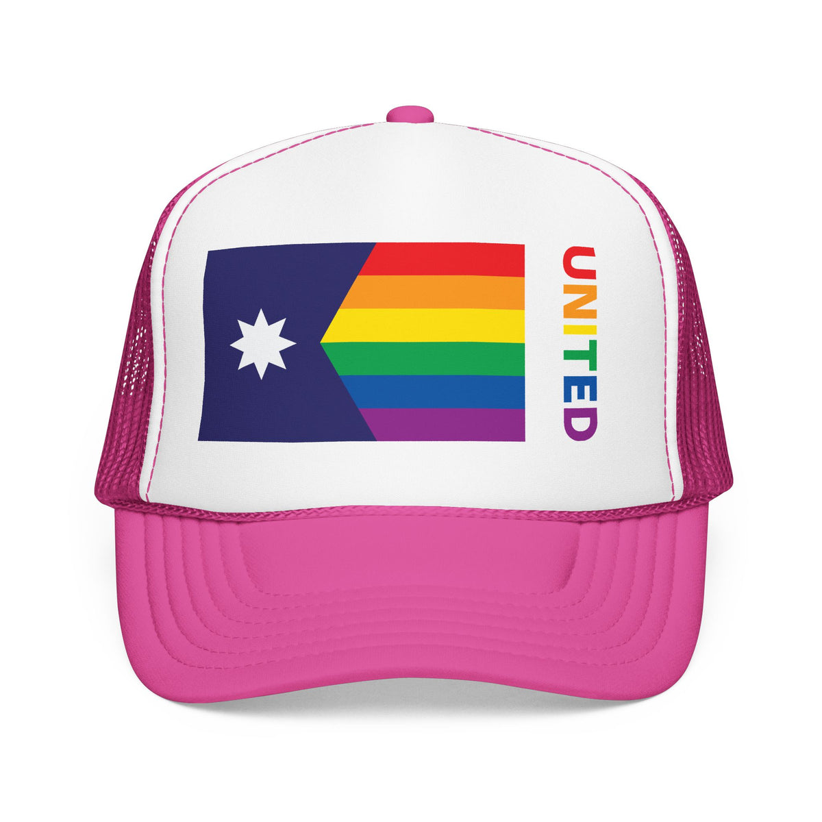 Minnesota Rainbow Pride Flag "UNITED" Printed Foam Trucker Hat, Several Color Options