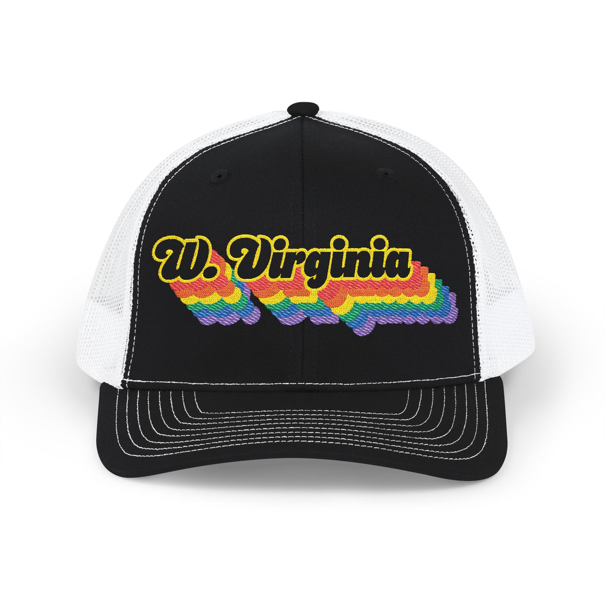 West Virginia Retro Rainbow Stack Embroidered Trucker, Snapback Trucker Cap, Black front with White mesh in back