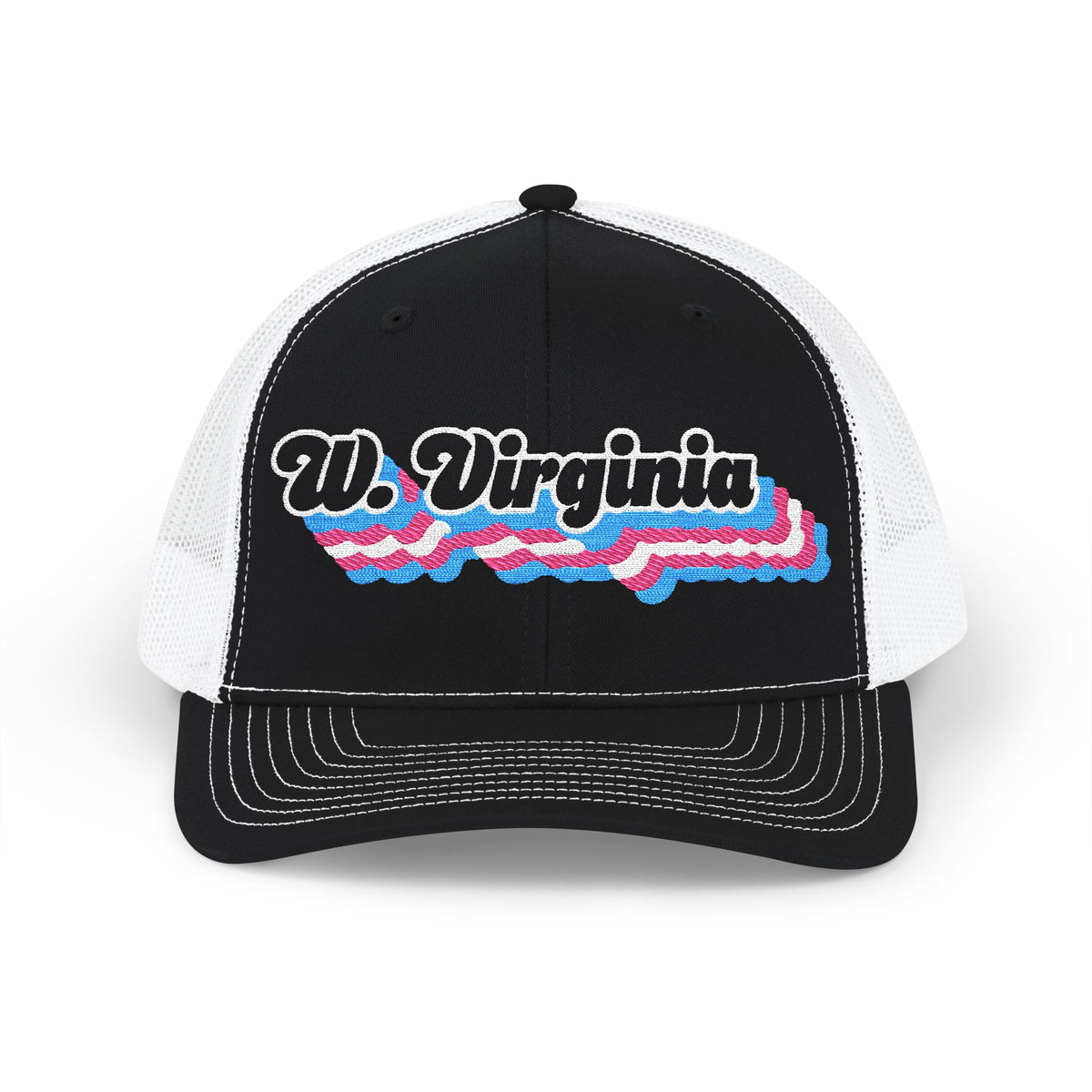 West Virginia Transgender Pride Stack Embroidered Trucker, Snapback Trucker Cap, Black front with White mesh in back