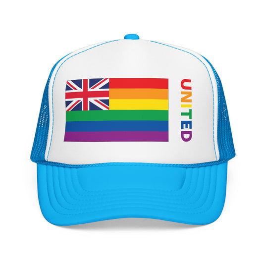 Hawai'i Rainbow Pride Flag "UNITED" Printed Foam Trucker Hat, Several Color Options