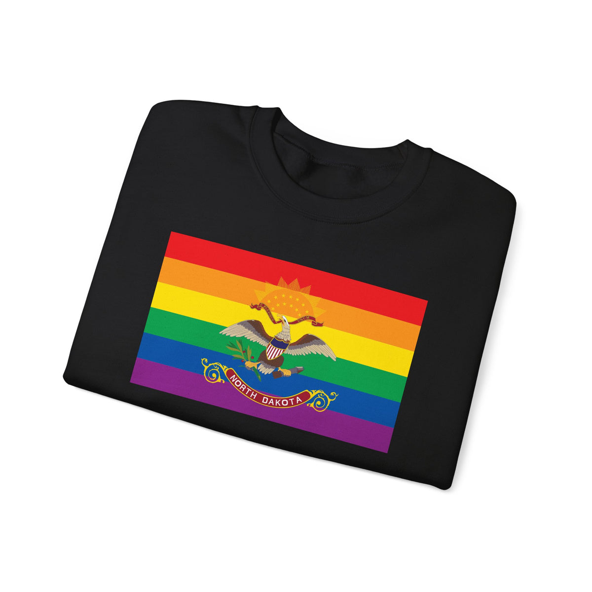 North Dakota Rainbow Pride Flag Unisex Crewneck Sweatshirt, White, Black or Light Pink