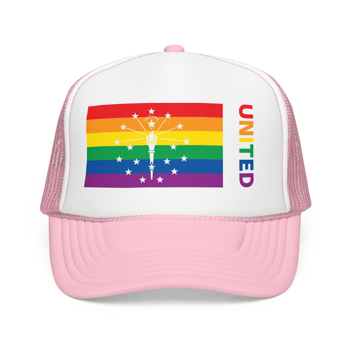 Indiana Rainbow Pride Flag "UNITED" Printed Foam Trucker Hat, Several Color Options