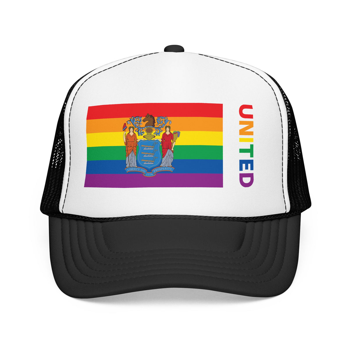 New Jersey Rainbow Pride Flag "UNITED" Printed Foam Trucker Hat, Several Color Options