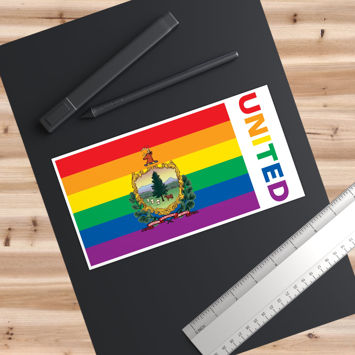 Vermont Rainbow Pride Flag "UNITED" Bumper Sticker