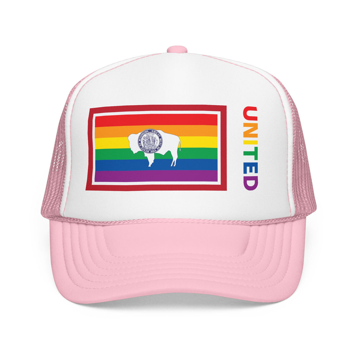 Wyoming Rainbow Pride Flag "UNITED" Printed Foam Trucker Hat, Several Color Options