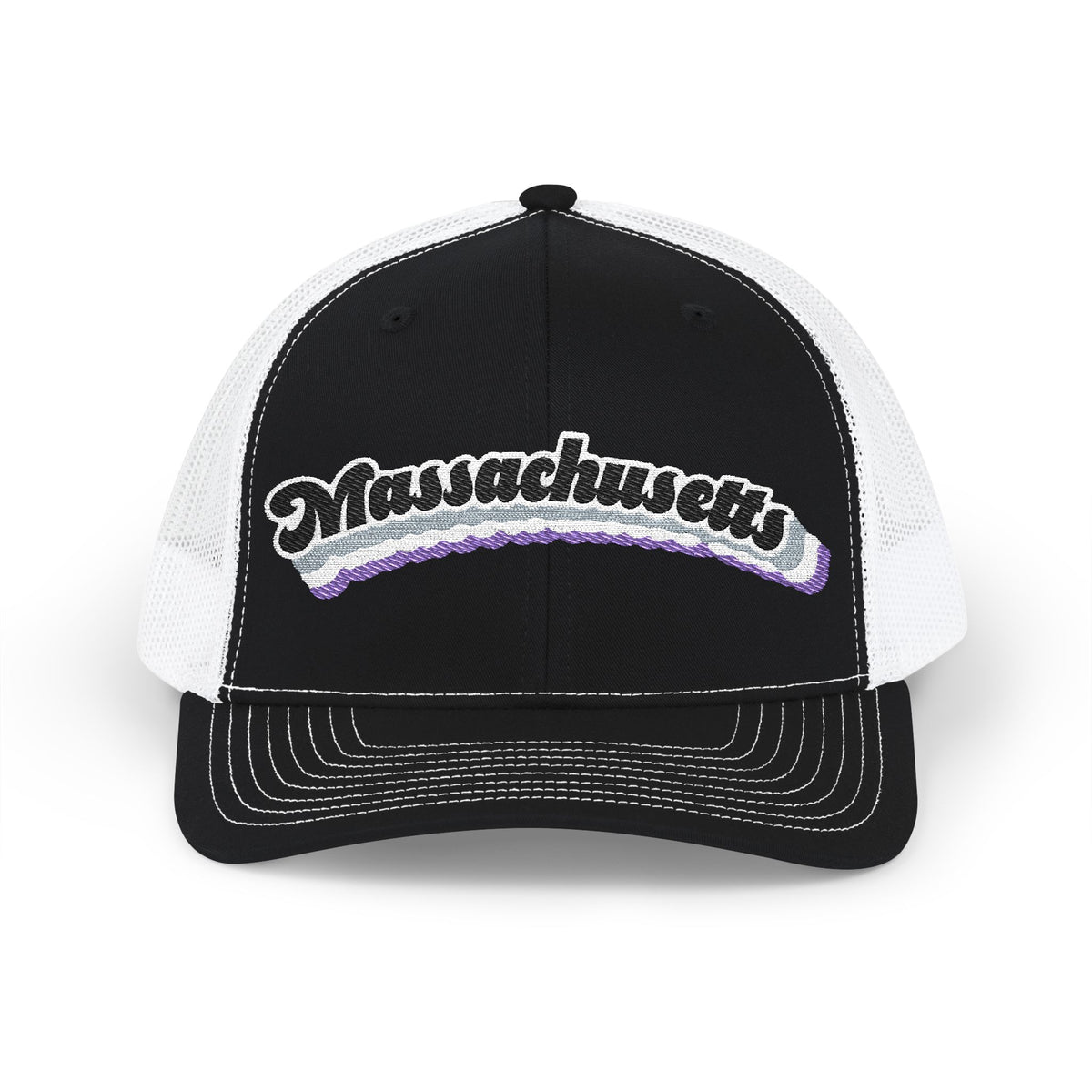 Massachusetts Asexual Pride Stack Embroidered Trucker, Snapback Trucker Cap, Black front with White mesh in back