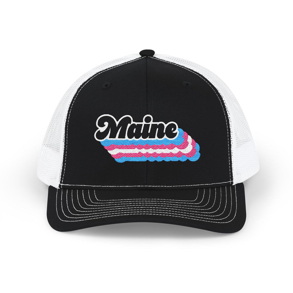 Maine Transgender Pride Stack Embroidered Trucker, Snapback Trucker Cap, Black front with White mesh in back