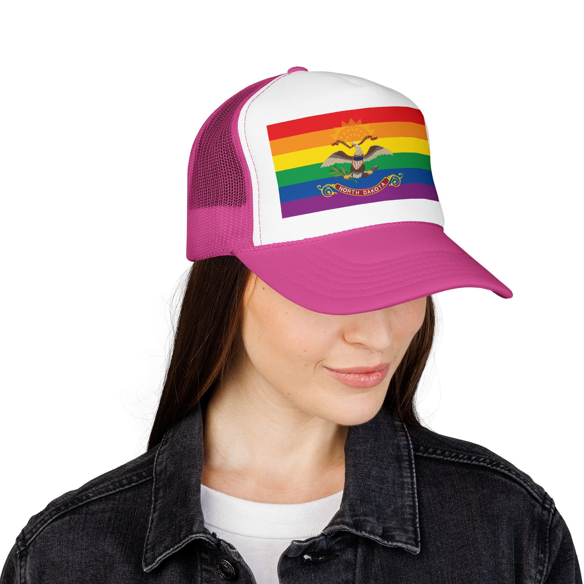North Dakota Rainbow Pride Flag "UNITED" Printed Foam Trucker Hat, Several Color Options