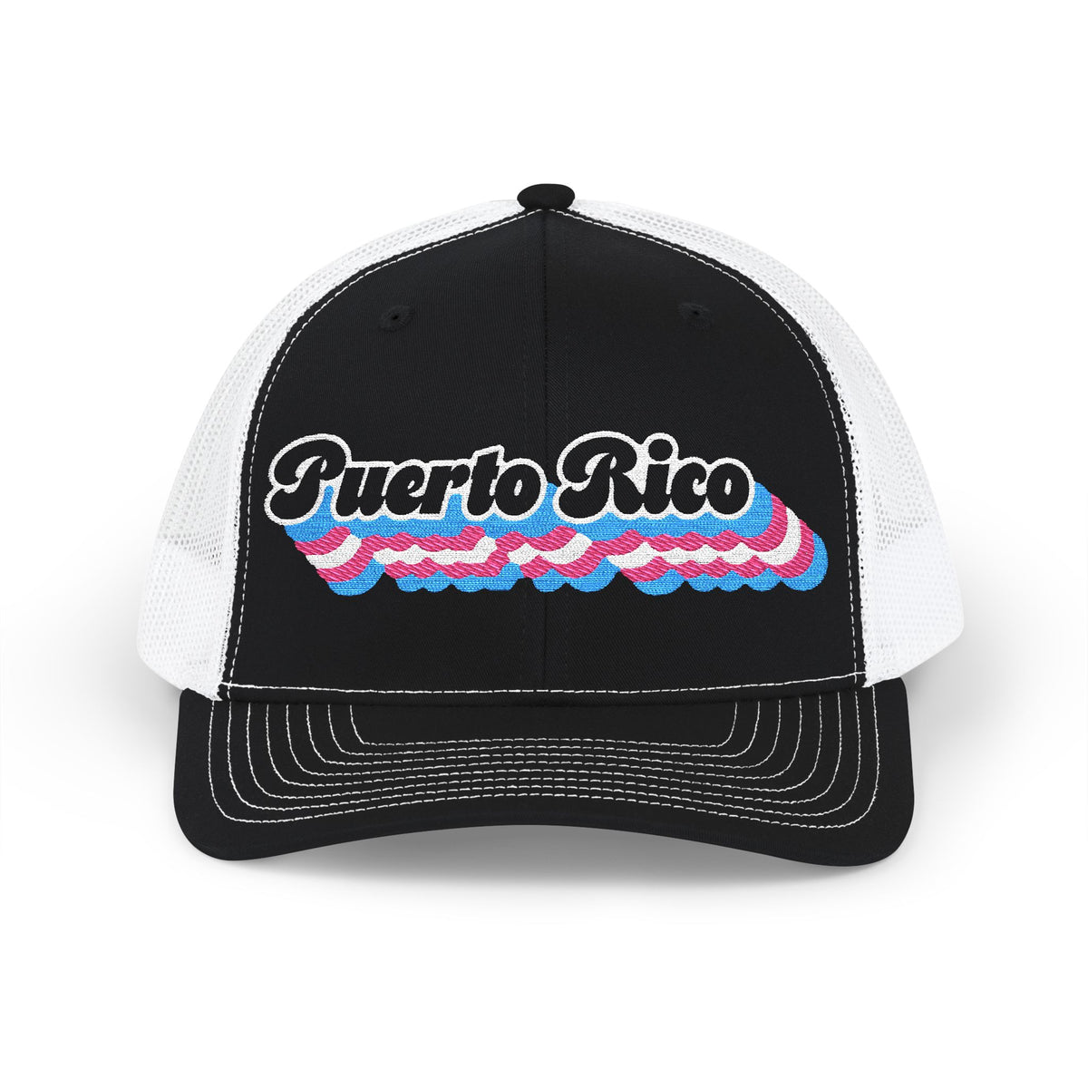 Puerto Rico Transgender Pride Stack Embroidered Trucker, Snapback Trucker Cap, Black front with White mesh in back