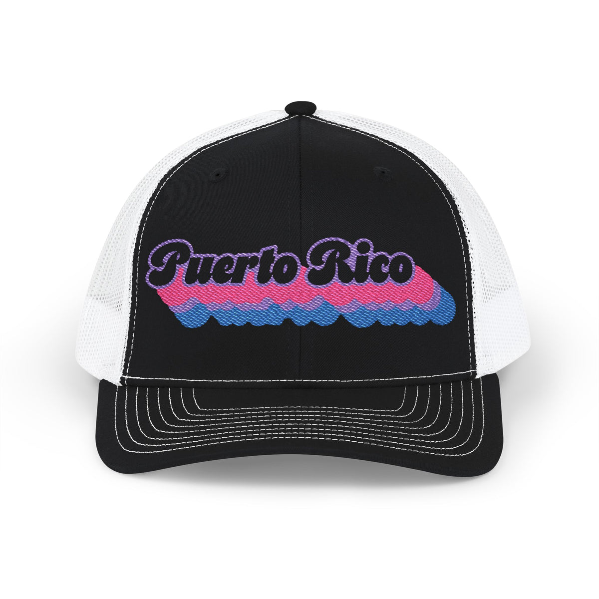 Puerto Rico Bisexual Pride Stack Embroidered Trucker, Snapback Trucker Cap, Black front with White mesh in back