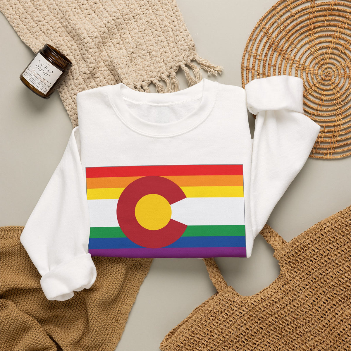 Colorado Rainbow Pride Flag Unisex Crewneck Sweatshirt, White, Black or Light Pink