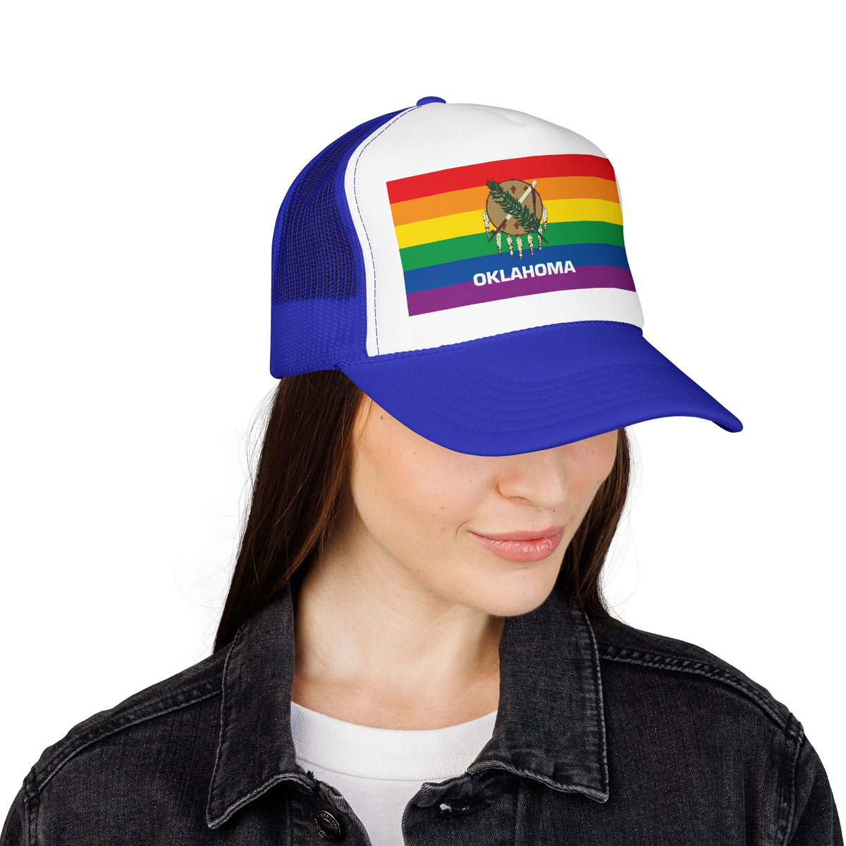 Oklahoma Rainbow Pride Flag "UNITED" Printed Foam Trucker Hat, Several Color Options