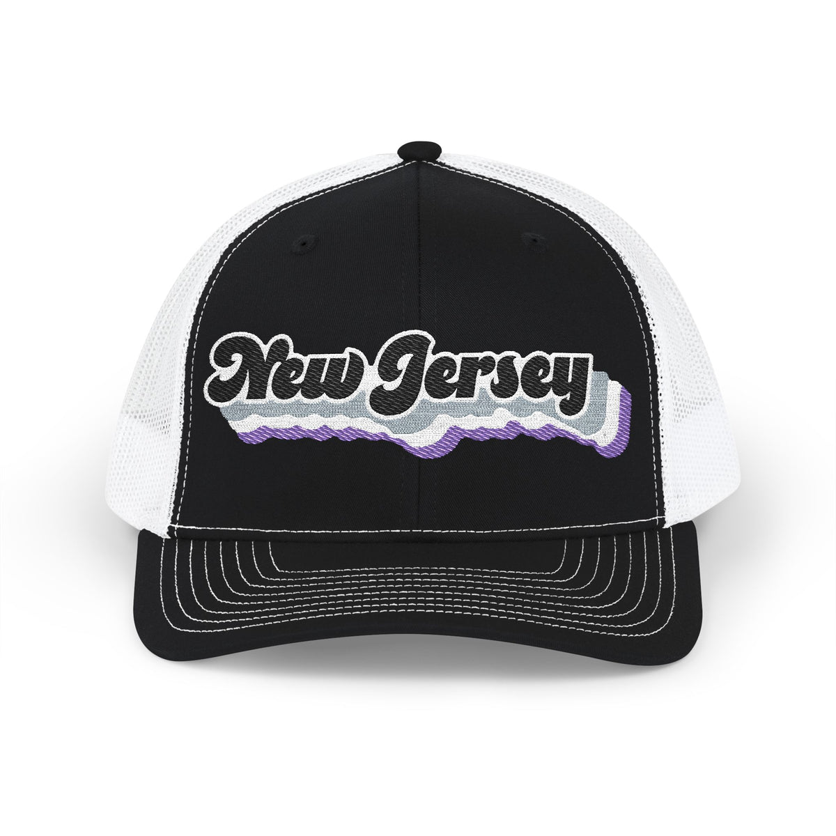 New Jersey Asexual Pride Stack Embroidered Trucker, Snapback Trucker Cap, Black front with White mesh in back