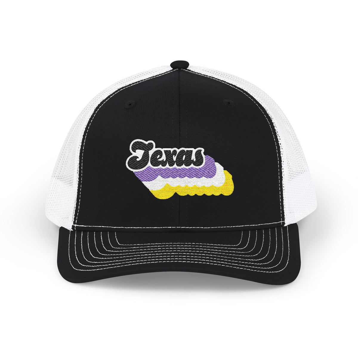 Texas Non-binary Pride Stack Embroidered Trucker, Snapback Trucker Cap, Black front with White mesh in back