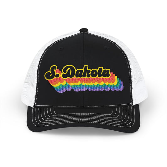 South Dakota Retro Rainbow Stack Embroidered Trucker, Snapback Trucker Cap, Black front with White mesh in back
