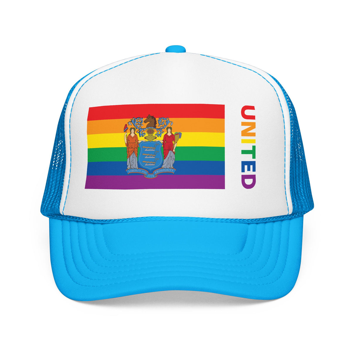 New Jersey Rainbow Pride Flag "UNITED" Printed Foam Trucker Hat, Several Color Options