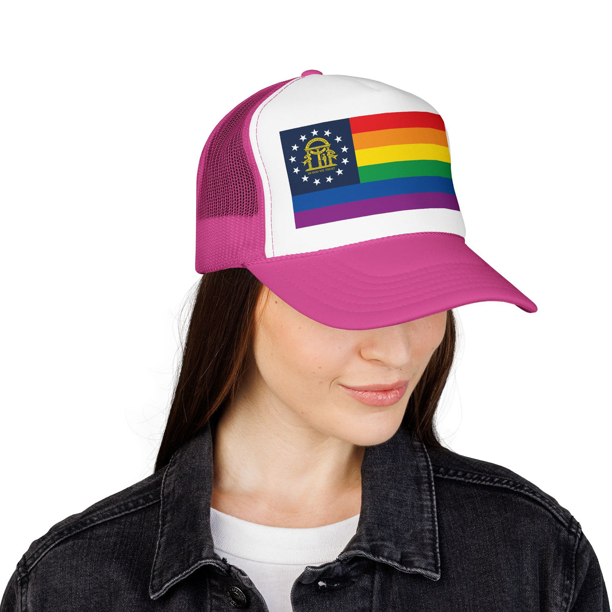 Georgia Rainbow Pride Flag "UNITED" Printed Foam Trucker Hat, Several Color Options