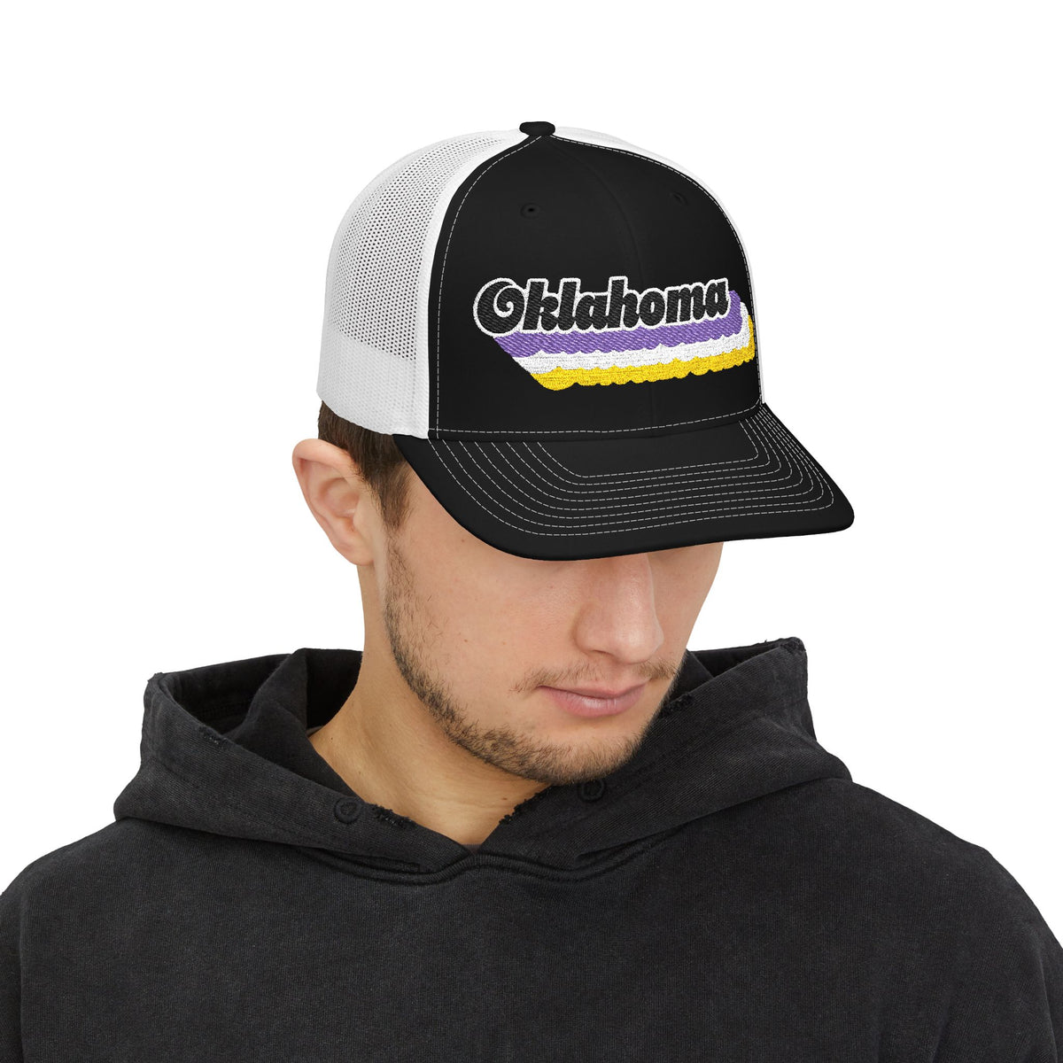 Oklahoma Non-binary Pride Stack Embroidered Trucker, Snapback Trucker Cap, Black front with White mesh in back