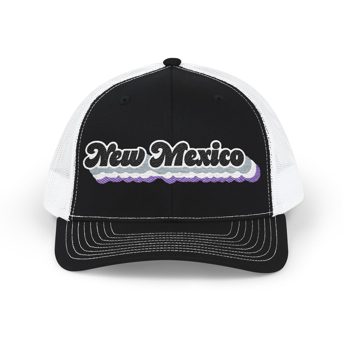 New Mexico Asexual Pride Stack Embroidered Trucker, Snapback Trucker Cap, Black front with White mesh in back