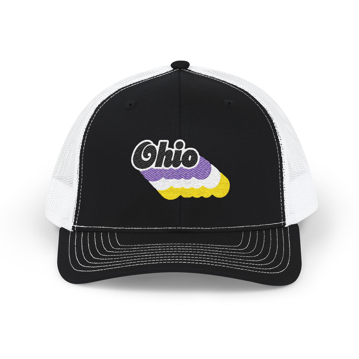 Ohio Non-binary Pride Stack Embroidered Trucker, Snapback Trucker Cap, Black front with White mesh in back