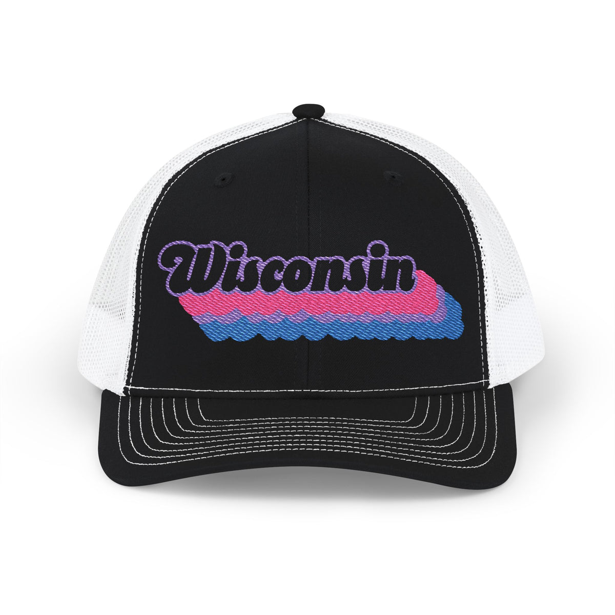 Wisconsin Bisexual Pride Stack Embroidered Trucker, Snapback Trucker Cap, Black front with White mesh in back