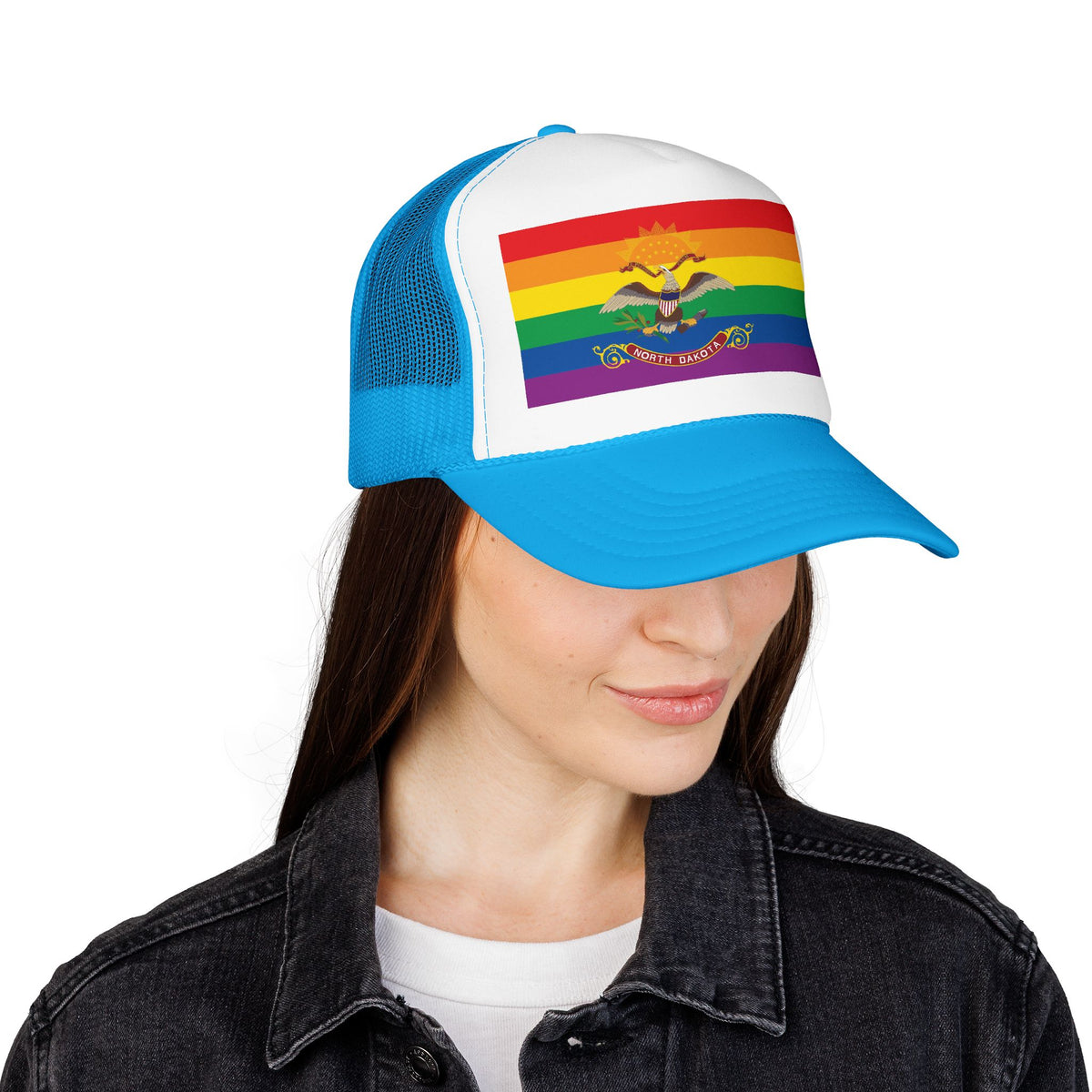 North Dakota Rainbow Pride Flag "UNITED" Printed Foam Trucker Hat, Several Color Options