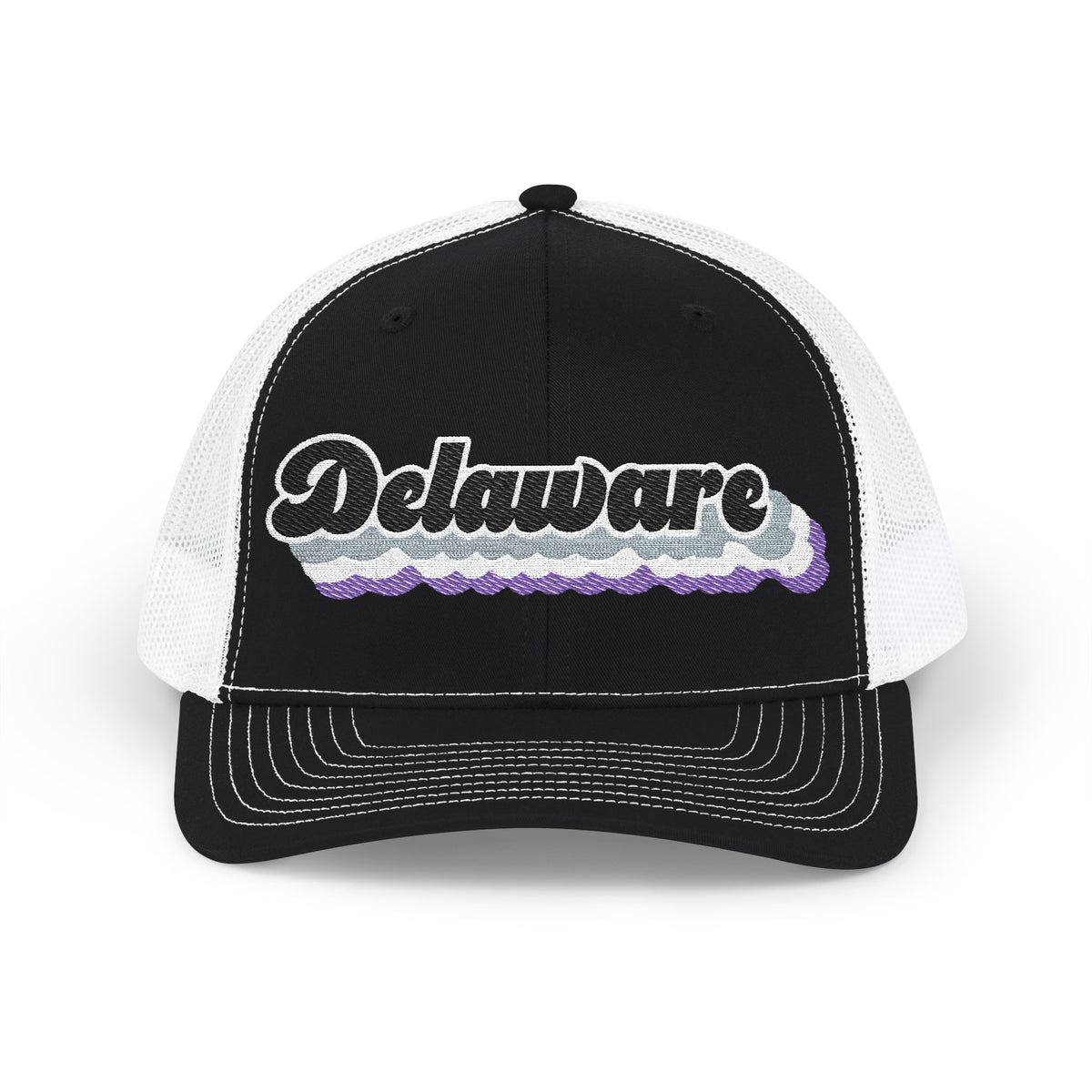 Delaware Asexual Pride Stack Embroidered Trucker, Snapback Trucker Cap, Black front with White mesh in back