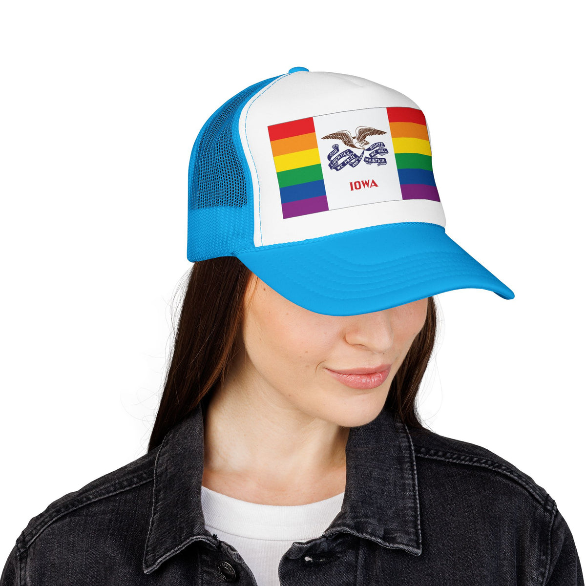 Iowa Rainbow Pride Flag "UNITED" Printed Foam Trucker Hat, Several Color Options