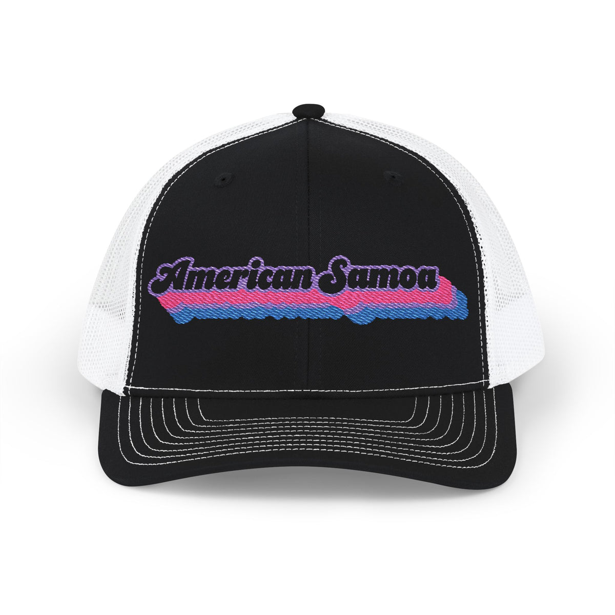 American Samoa Bisexual Pride Stack Embroidered Trucker, Snapback Trucker Cap, Black front with White mesh in back