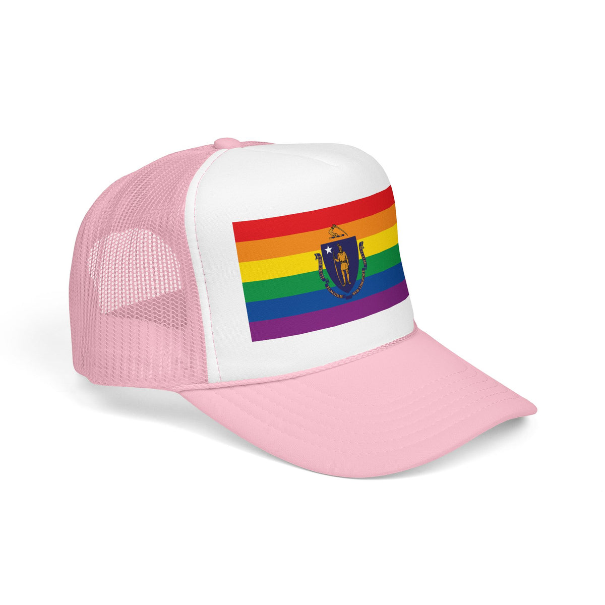 Massachusetts Rainbow Pride Flag "UNITED" Printed Foam Trucker Hat, Several Color Options