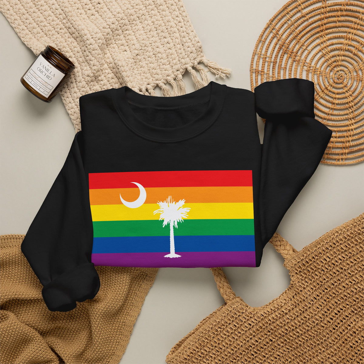 South Carolina Rainbow Pride Flag Unisex Crewneck Sweatshirt, White, Black or Light Pink