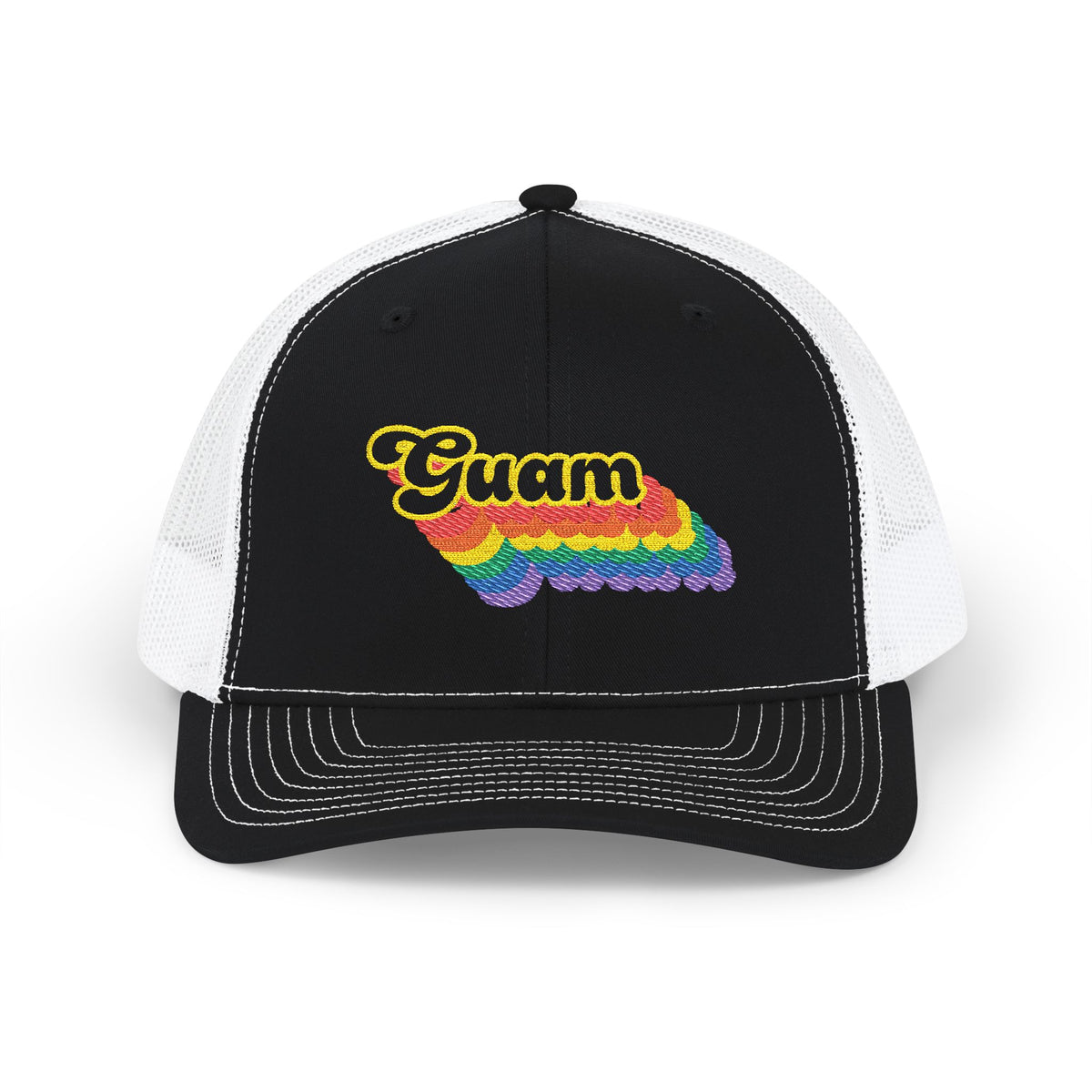 Guam Retro Rainbow Stack Embroidered Trucker, Snapback Trucker Cap, Black front with White mesh in back