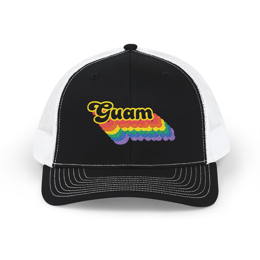 Guam Retro Rainbow Stack Embroidered Trucker, Snapback Trucker Cap, Black front with White mesh in back