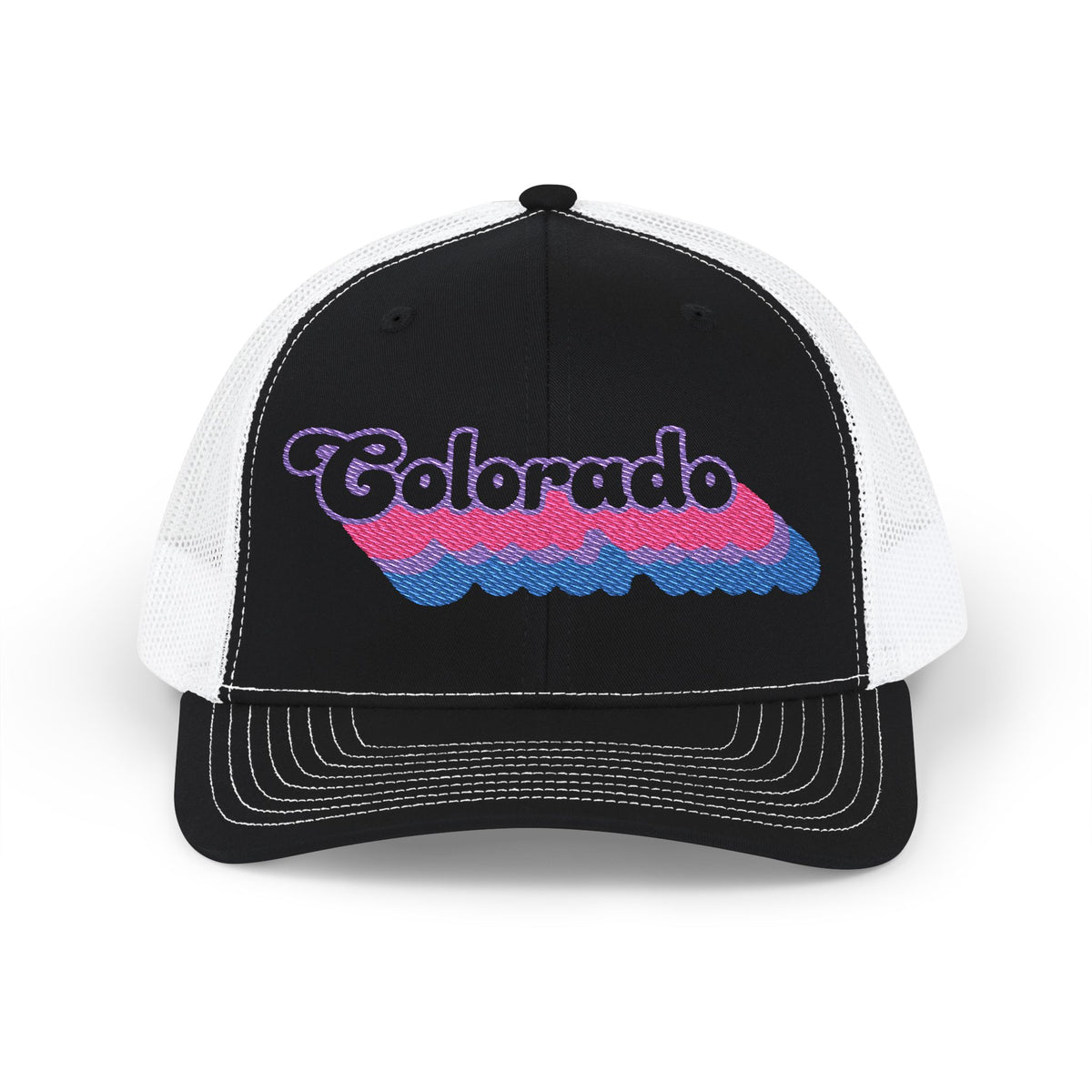 Colorado Bisexual Pride Stack Embroidered Trucker, Snapback Trucker Cap, Black front with White mesh in back