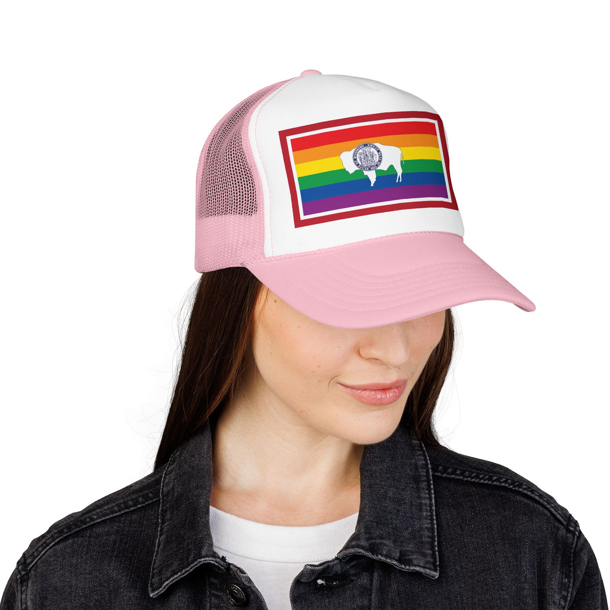 Wyoming Rainbow Pride Flag "UNITED" Printed Foam Trucker Hat, Several Color Options