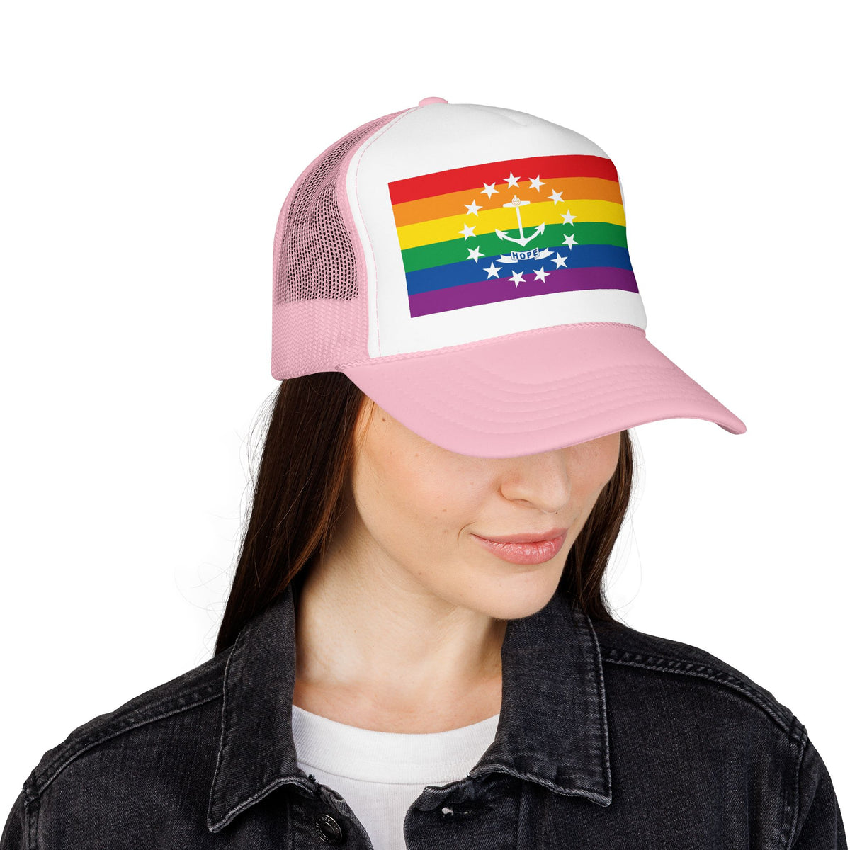 Rhode Island Rainbow Pride Flag "UNITED" Printed Foam Trucker Hat, Several Color Options
