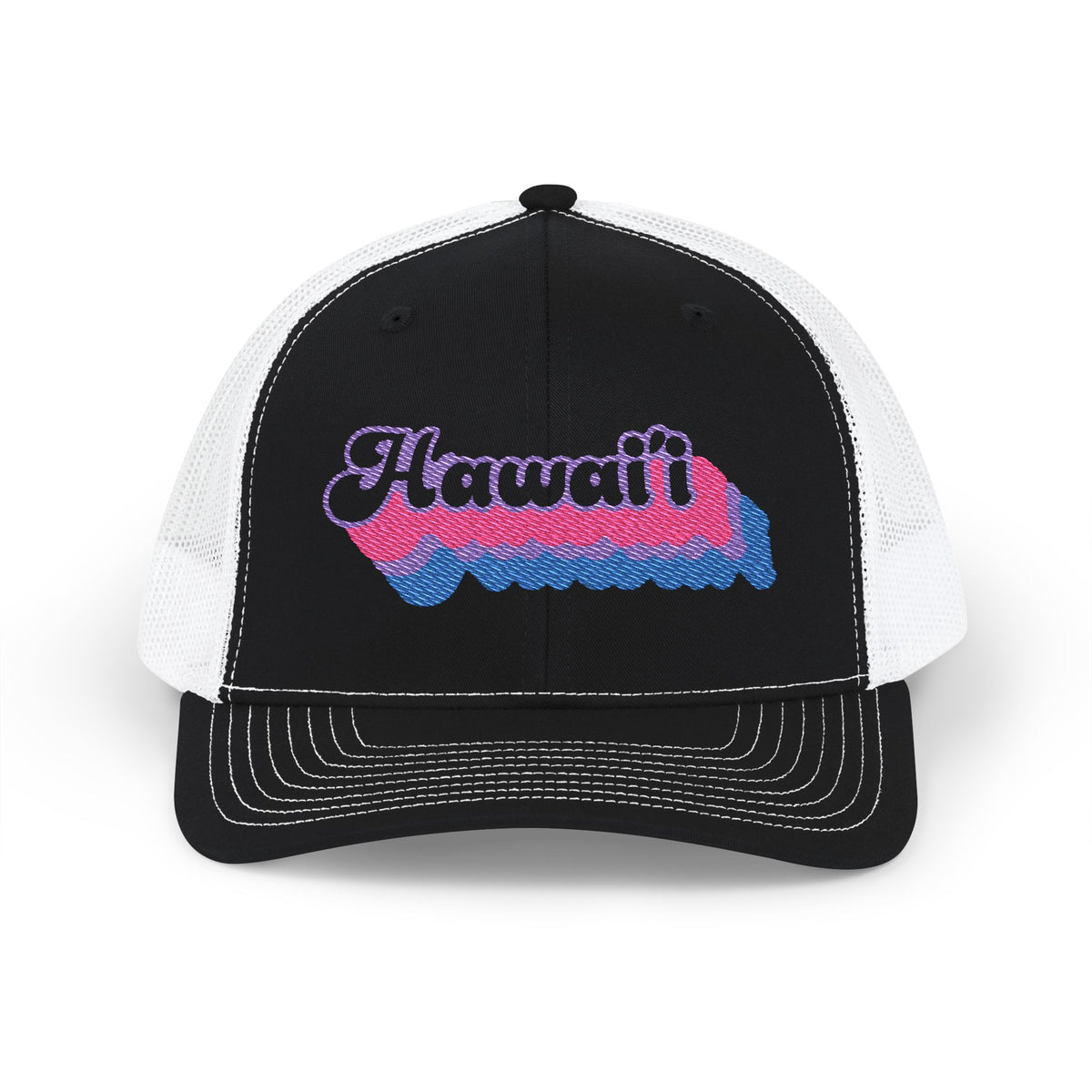 Hawai'i Bisexual Pride Stack Embroidered Trucker, Snapback Trucker Cap, Black front with White mesh in back