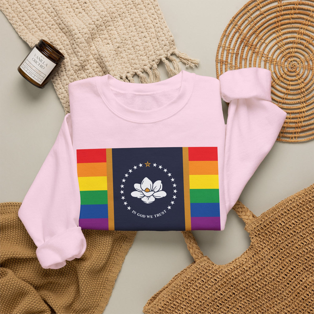 Mississippi Rainbow Pride Flag Unisex Crewneck Sweatshirt, White, Black or Light Pink