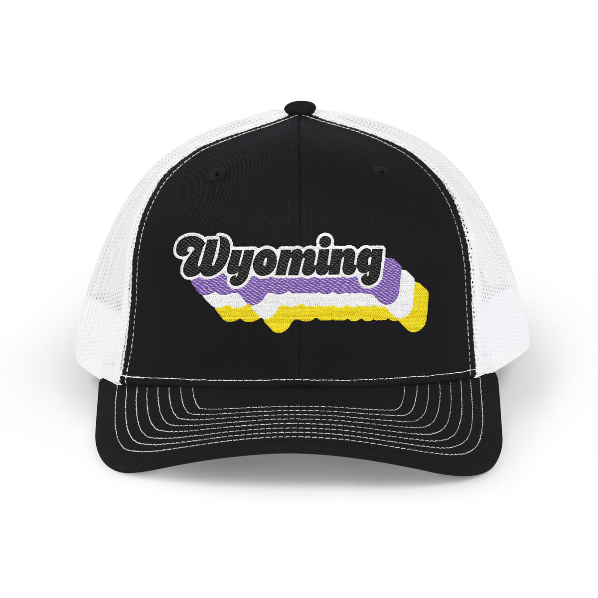 Wyoming Non-binary Pride Stack Embroidered Trucker, Snapback Trucker Cap, Black front with White mesh in back