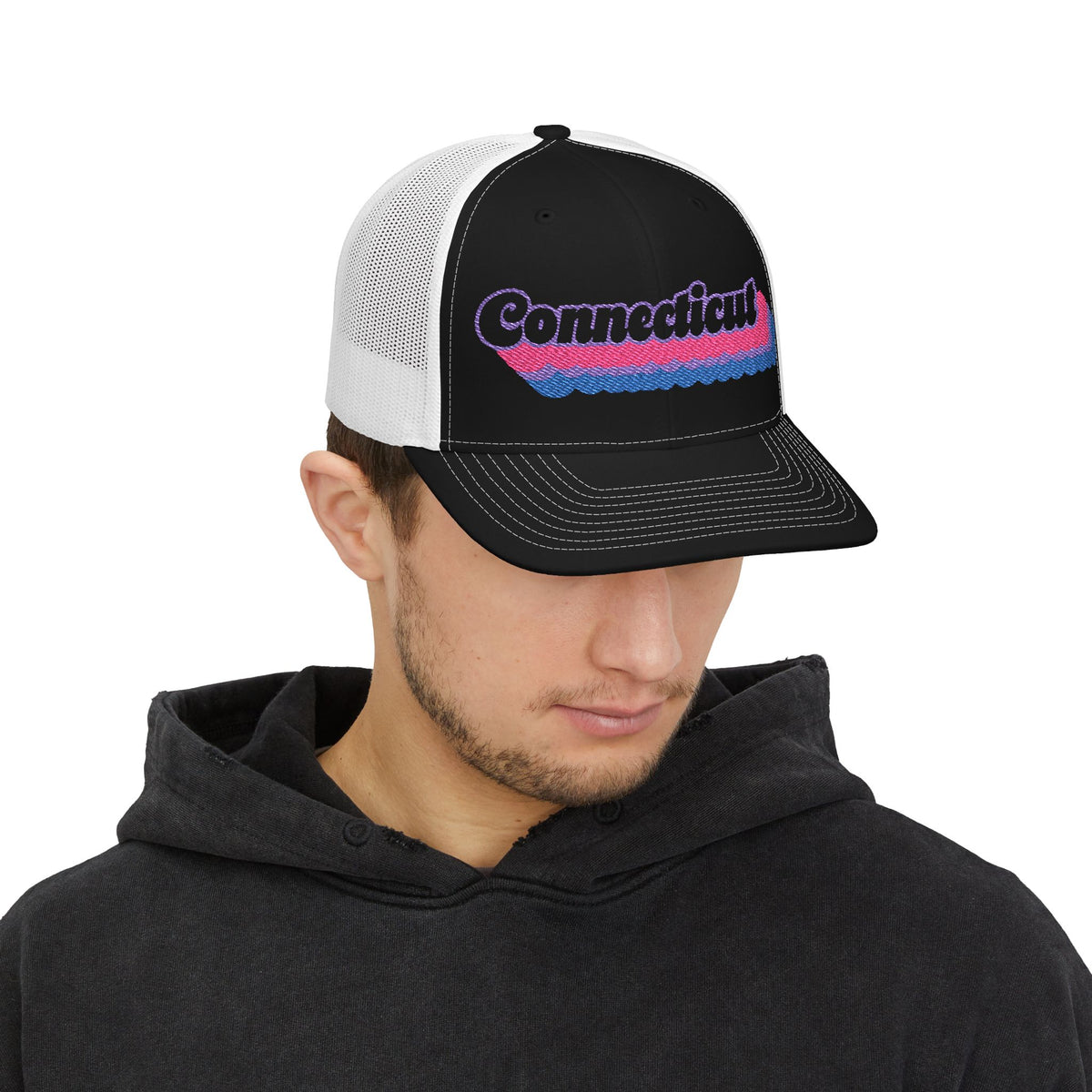 Connecticut Bisexual Pride Stack Embroidered Trucker, Snapback Trucker Cap, Black front with White mesh in back