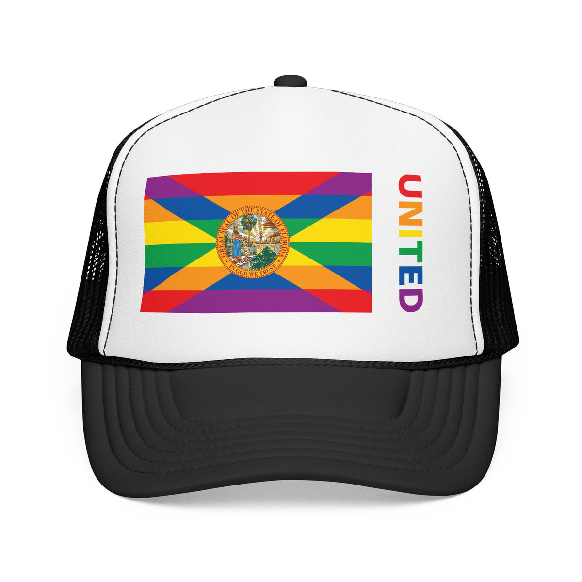 Florida Rainbow Pride Flag "UNITED" Printed Foam Trucker Hat, Several Color Options