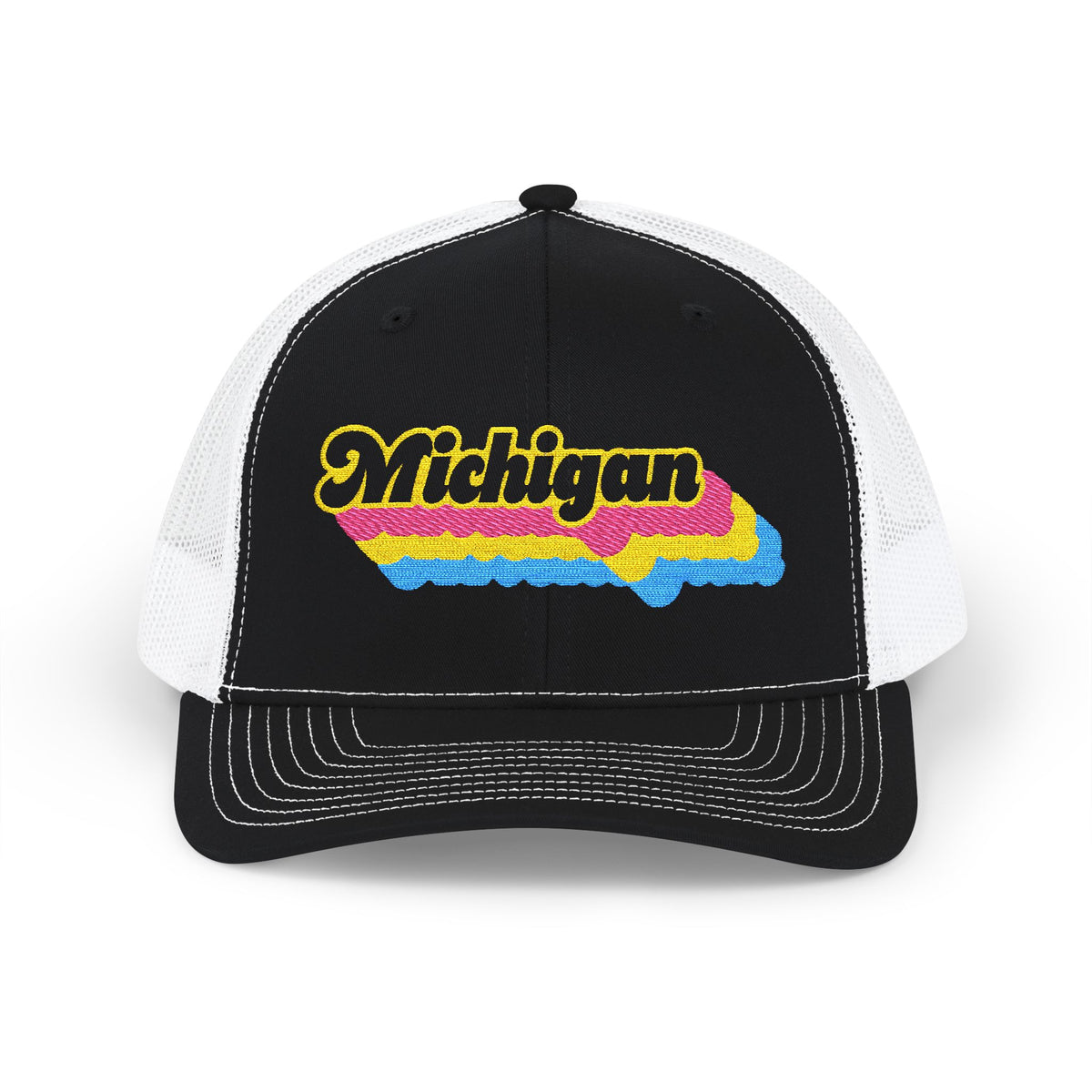 Michigan Pansexual Pride Stack Embroidered Trucker, Snapback Trucker Cap, Black front with White mesh in back