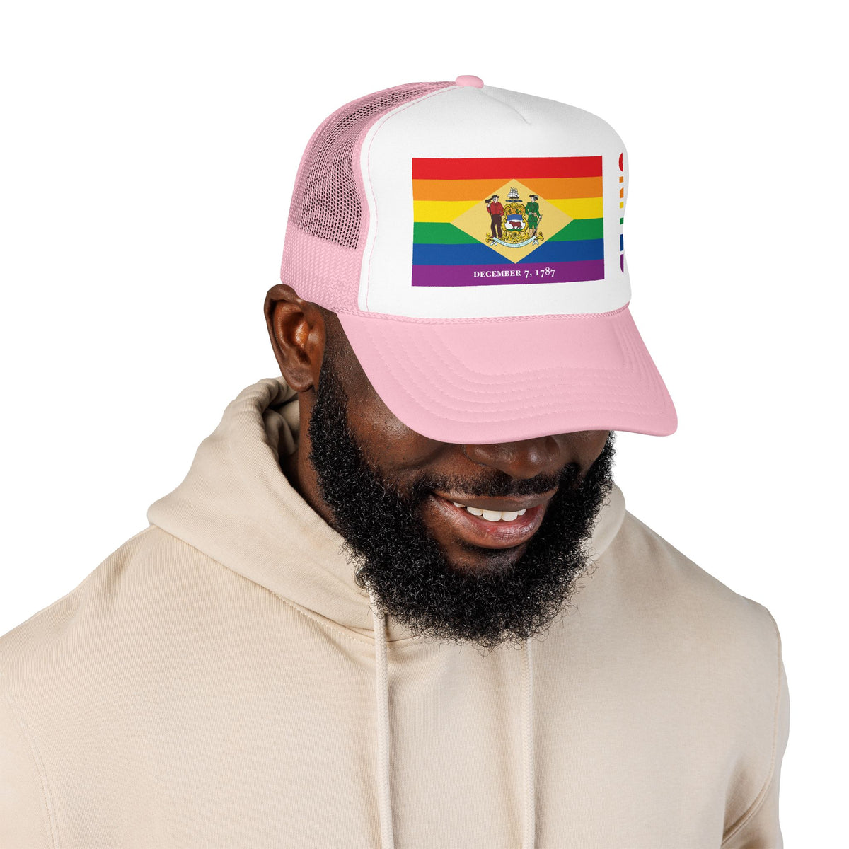 Delaware Rainbow Pride Flag "UNITED" Printed Foam Trucker Hat, Several Color Options