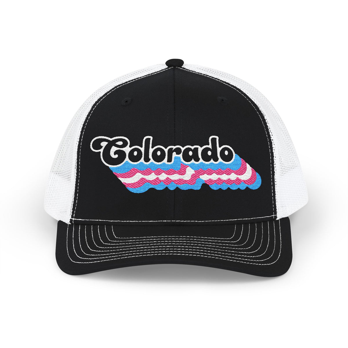 Colorado Transgender Pride Stack Embroidered Trucker, Snapback Trucker Cap, Black front with White mesh in back