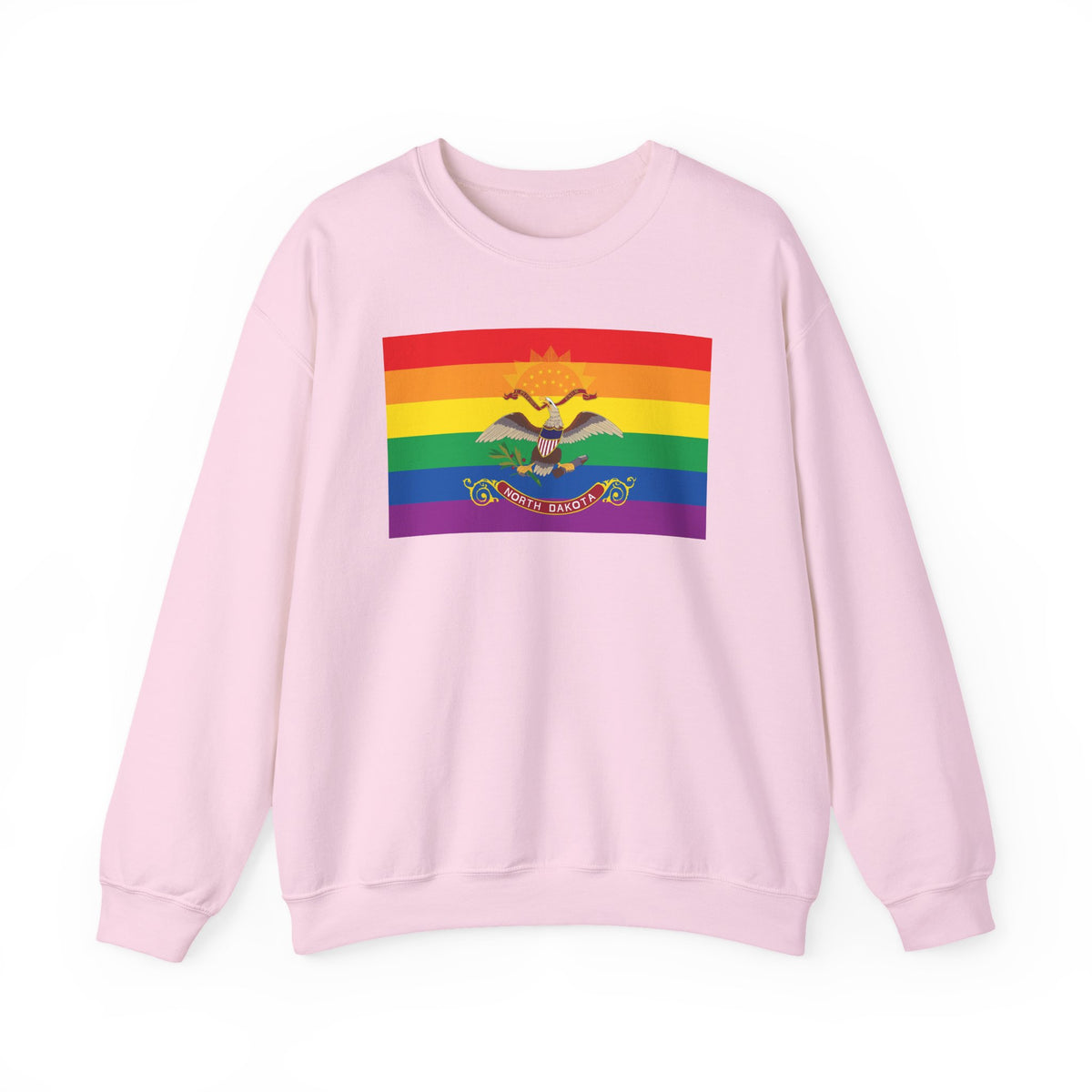 North Dakota Rainbow Pride Flag Unisex Crewneck Sweatshirt, White, Black or Light Pink
